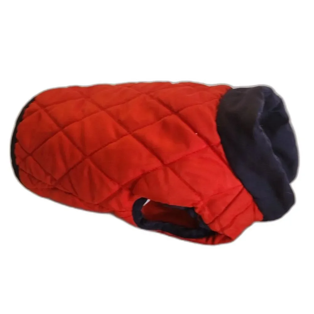 Sporn Red 6 Foot Dog Leash with Red and Navy Blue Quilted Dog Jacket Size Small